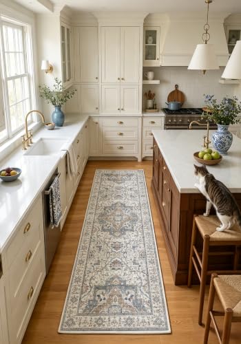 3x8 Non-Slip Washable Kitchen Vintage Runner Rug, Beige Blue