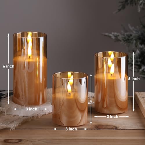Gold Glass Flameless Pillar Candles with Remote, Flickering Fall LED Candles Battery Operated Set of 3