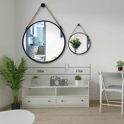 POZINO Round Hanging Mirror with Rope, 15" Circle Wall Mirror with Black Metal Frame, Farmhouse Decorative Mirror for Entryway, Living Room, Fireplace, Bedroom, Bathroom