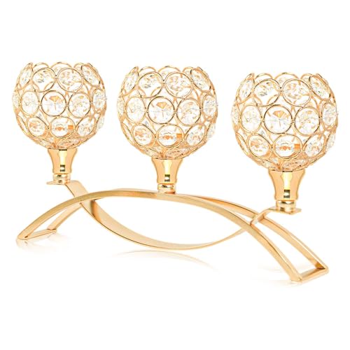 Crystal Tealight Candle Holder Centerpiece Home Decorative Candlestick Holder Elegant Table Centerpiece Home Decor Wedding Party Anniversary (Gold, 3 Arm)