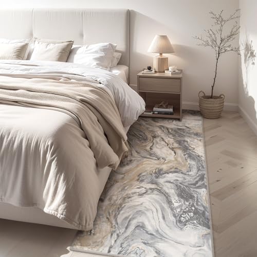 PADOOR Abstract 2'x10' Runner Rug, Washable Non-Slip Low Pile, Marble Grey
