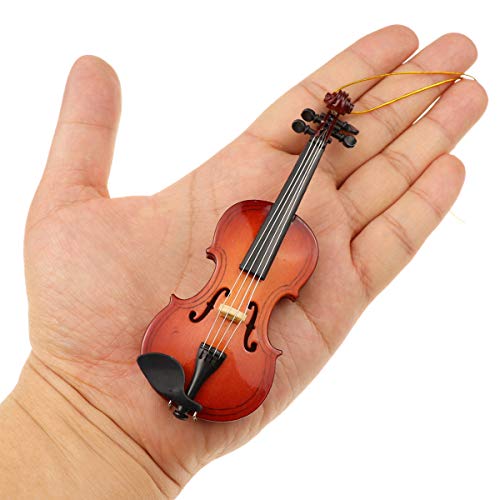 Wooden String Miniature Violin Hanging Ornament Mini Musical Instrument Replica Holiday Tree Home Decoration Display Ornament (4.72" Violin)