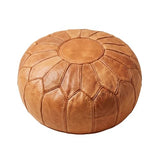 Moroccan Handmade Leather Pouf Ottoman — Round Genuine Leather Footstool, Hand-Stitched Unstuffed Pouf Cover for Living Room, Bedroom & Nursery (Cognac Brown)