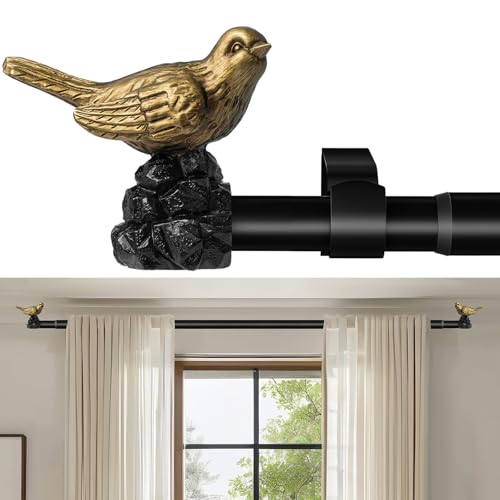 Vintage Black Curtain Rod 18 to 45 Inches Curtain Rods for Windows Adjustable Heavy Duty Drapery Rod with Gold Bird Finials for Kitchen Window Living Room