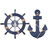 2 Pack 11" Nautical Beach Wooden Ship Wheel and 13" Wooden Anchor with Rope Nautical Boat Steering Wheel Rudder Anchor Wall Art Decor Door Hanging Ornament Beach Theme Home Decoration(Blue)