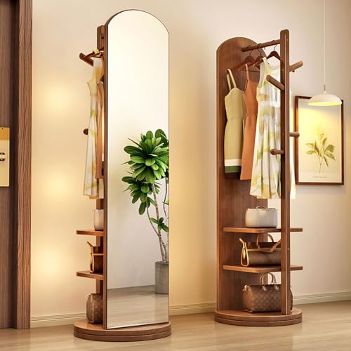 Floor-Standing Solid Wood Rotating Coat Rack，Stylish 360° Rotating Full Length Mirror with Coat Rack - 2 in 1 Solid Wood Floor Mirror for Bedroom & Living Room, Space-Saving, Functional & El