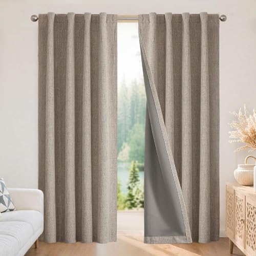 Joydeco 100% Blackout Curtains for Bedroom - Nature Linen 84 Inch Long Light Blocking 2 Panels Set, Rod Pocket & Back Tabs Living Room Drapes, Thermal Insulated Room Darkening Window Curtains