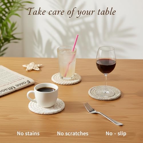 Drink Coasters Set of 8 with Holder – Cotton Woven Absorbent Coasters, 4 Colors for Coffee, Beer, Drinks & Tabletop Protection