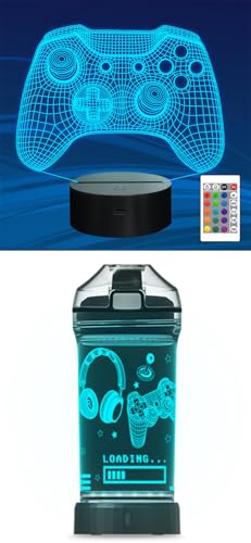 Attivolife Gamepad 3D Illusion Lamp with Remote Control + 16 Color Changing, Game Glowing Water Bottle 14 OZ BPA Free, Best Gift for Boy Men