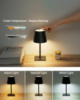 Cordless Table Lamp Rechargeable Lamps: 6000mAh Battery Operated Table Lamp Outdoor Waterproof, Touch Control, Portable Wireless Desk Lamp for Dinner/Bedroom/Restaurant(Black 2 Pack)