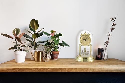 Bulova Tristan I Desk and Table Clock | Model B8818 | Polished Brass Finish | Polished Metal Base | Floating Dial | Roman Numerals | Elegant Pendulum Design