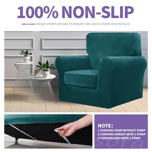 ZNSAYOTX Luxury Velvet Chair Slipcovers with Arms 2 Piece Stretch Chair Covers for Living Room Soft Armchair Slipcover Anti Slip Dog Pet Friendly Furniture Protector (Deep Teal),30"-47"(1 Cushion)
