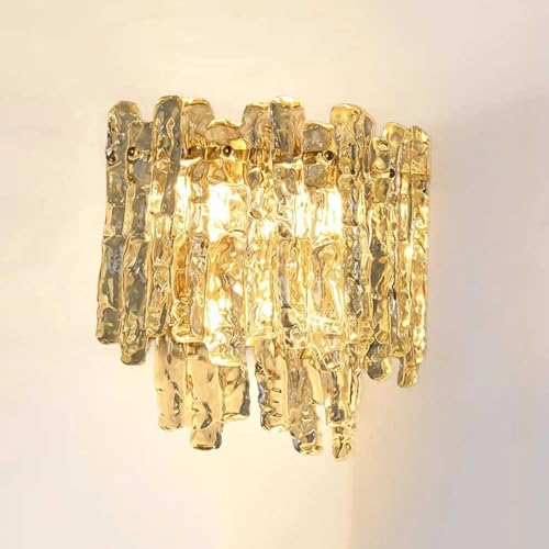 Wall Light, Luxury Crystal Wall Sconce, Gold Metal and Clear Textured Glass Ice Block Lamp, E14 3-Light 3-Color Dimmable LED Fixture for Bedroom Living Room Hallway Dining Room Parlor