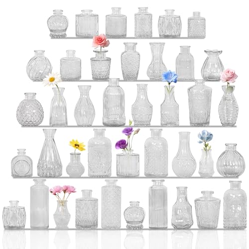 Set of 40 Glass Bud Vases, Small Clear Glass Vases in Bulk, Mini Vintage Embossed Flower Vase for Wedding, Centerpieces, Birthday Party, Home Table Decorations, Baby Shower (Clear)