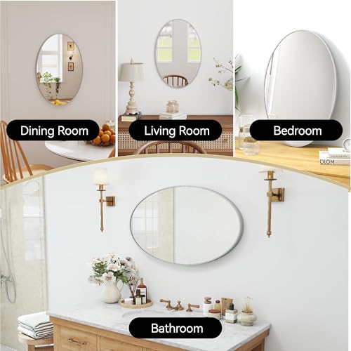 SCWF-GZ 20x30 Oval Mirror Round Full Length Wall Mounted Hanging or Against Wall Metal Aluminum Alloy Frame Dressing Make-up Mirrors for Entryway Bedroom Bathroom Living Room 30 20 inch Silver