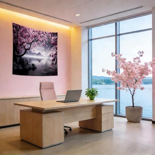 QGHOT Japanese Cherry Blossom Tapestry Wall Hanging Asian Anime Nature Mountain Wall Art Calming Lake Ocean Tapestries for Bedroom Living Room Decor 60x50in