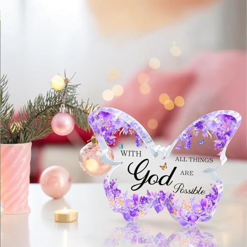 Purple Office Supplies Butterfly Acrylic Desk Decor for Women, Inspirational Christian Gifts with Bible Verse, Purple Desk Accessories, Religious Butterfly Home Decoration Birthday Gift