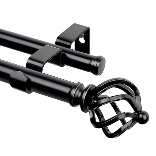KAMANINA Double Curtain Rod 72 to 144 Inches(6-12 Feet), Black Heavy Duty Curtain Rods for Windows 66 to 120 Inches, 7/8 Inch Drapery Rod with Twisted Cage Finials