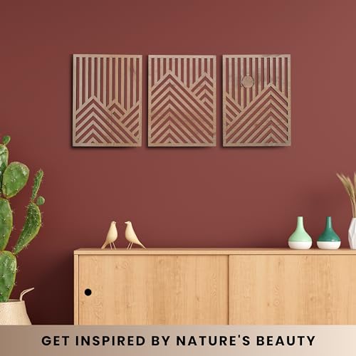qmmp Modern Wooden Wall Sculptures - Set of 3 - Home Decor Accent - Large Wall Art for Living Room, Bedroom, Office - Easy Installation (Oak, Medium - Mountain and Sun)