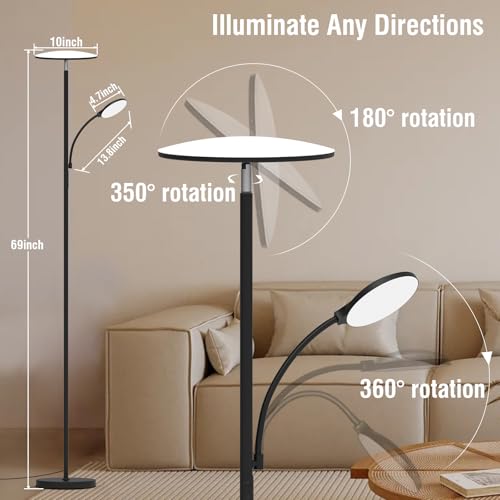 Floor Lamp, Upgraded 42W 4500LM Super Bright LED Floor Lamp with Rotatable Reading Light, Touch Remote Control & Memory Function, Stepless Dimmable Standing Lamp for Living Room Bedroom Office, Black