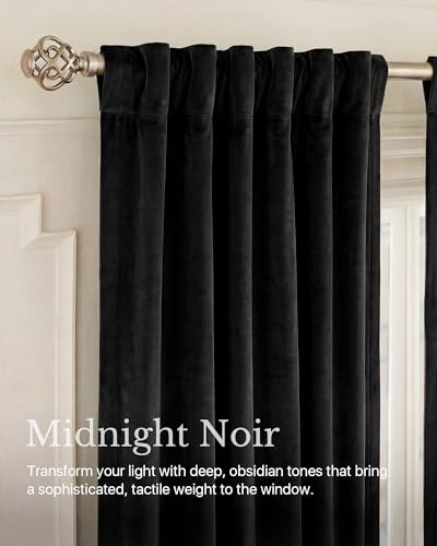 NICETOWN Black Velvet Curtains 84 inch Long 2 Panels, Rod Pocket & Back Tab Heavyweight Luxury Blackout Window Treatments Sliding Glass Door Winter Drapes for Bedroom, W52 x L84