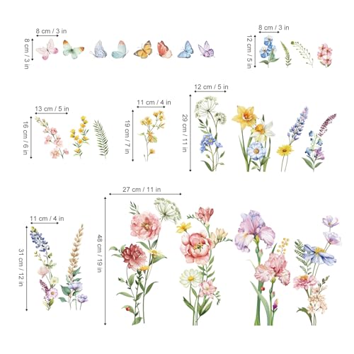 decalmile Spring Garden Flower Wall Stickers Wildflower Iris Butterflies Wall Decals Living Room Girls Bedroom Baby Nursery Wall Decor