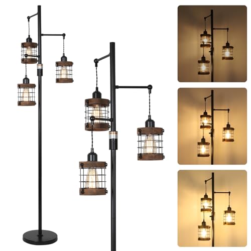 Dimmable Floor Lamps for Living Room, 3-Light Industrial Floor Lamp with Wood & Metal Cage, Farmhouse Standing Lamp Tall Tree Lamp for Bedroom Office, Rustic Black Tall Floor Lamp for Corner