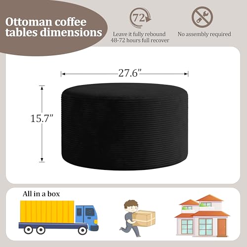 Round Coffee Table Ottoman for Corduroy Cloud Sectional Couches in a Box Memory Foam Compressed Pouf Footstool Rest for Living Room, Bedroom, Makeup Room No Assembly Require(Black, 27.6")