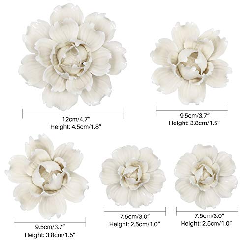 LIUCOGXI 5 Pcs Ceramic Flower Wall Decor Handcrafted 3D Hanging Porcelain Flowers Wall Art Ceramic Peony White Sculpture for Girls Room Hallway Farmhouse Home Decor