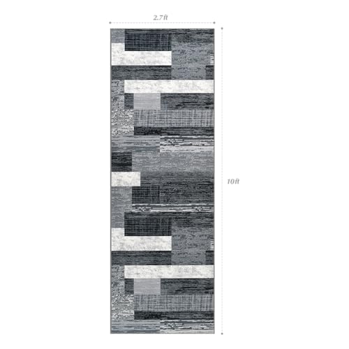 Indoor Washable Runner Rug with Rubber Backing, Modern Geometric Patchwork