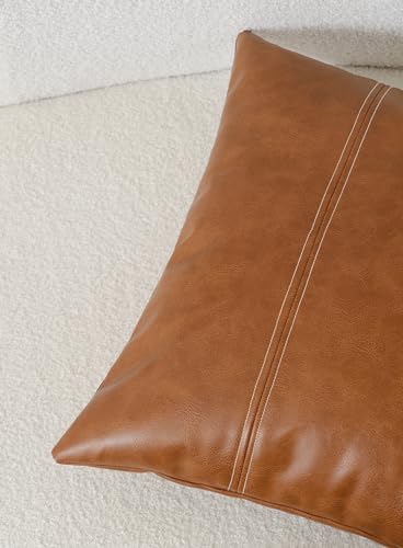 Faux Leather Lumbar Decorative Throw Pillow Cover 12x20 Cognac Brown Modern Farmhouse Boho Small Accent Rustic Home Decor Rectangle Cushion Cases for Couch Bed Sofa Living Room
