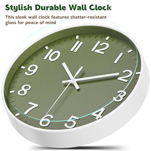 Silent Wall Clock Non-Ticking Battery Operated – Modern Olive Green Analog Wall Clock for Living Room, Kitchen, Office, Bedroom – Stylish Home Wall Decor Clock, 8 Inch