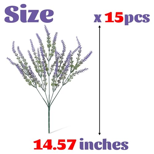Artificial Flowers for Outdoors UV Resistant, 15 Bundles Fake Flowers Faux Plastic Plants Purple Lavender for Home Office Wedding Garden Porch Window Box Decor