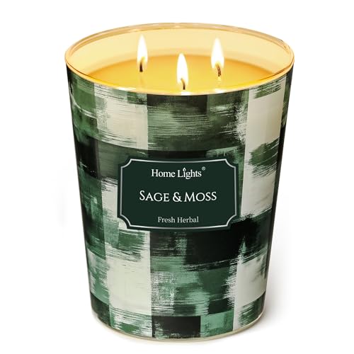 Home Lights 3-Wick Candles for Home Scented - 34oz Soy Wax Candle Long-Lasting Fragrance, Scandinavian Minimalist Design Home Decor and Housewarming Gifts, Sage & Moss