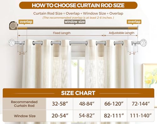 KAMANINA Silver Crystal Curtain Rod 72 to 144 Inches (6-12 Feet), 1 Inch Heavy Duty Curtain Rods for Windows, Telescoping Long Drapery Rods with Acrylic Diamond Netted Texture Finials