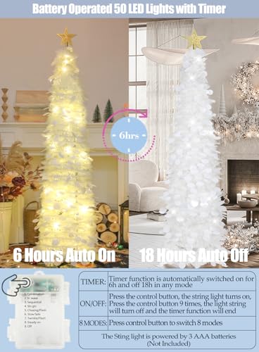 HMASYO 5 FT Pop Up Christmas Tree with Timer Lights, White Christmas Tinsel Tree, Collapsible Artificial Pencil Christmas Tree for Indoor Home Apartment Porch Holiday Party Decorations