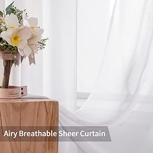 MIULEE Natural Linen Sheer Window Curtains - Elegant Solid White Drapes Grommet Top Voile Panels for Bedroom Living Room (52X90 Inch)