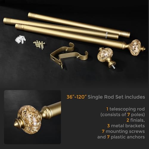 Gold Curtain Rod for Windows 66 to 120 Inches, 1'' Heavy Duty Adjustable Modern Drapery Rods with Unique Crystal Finials, Luxury Decorative Curtain Rods, Size: 30-120''