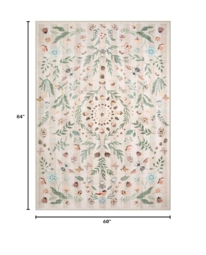 Lahome Washable Insect Botanical 5x7 Area Rugs for Nursery - Machine Washable Non-Slip Beige Bedroom Rug, Boho Low Profile Soft Faux Wool Carpet for Living Room Laundry Playroom Dining Room