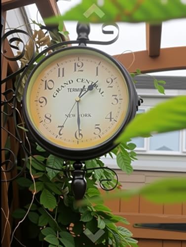 WOOCH Wrought Iron Antique-Look Brown Round Wall Hanging Double Sided Two Faces Retro Station Clock Round Chandelier Clock with Scroll Wall Side Mount Home Décor Wall Clock 8-inch