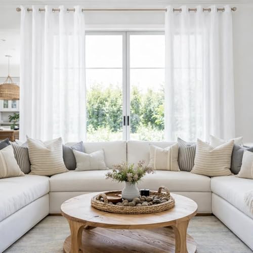 HOMEIDEAS White Linen Sheer Curtains, Linen Textured Semi Sheer Curtains 84 Inches Long, Farmhouse Light Filtering Window Drapes for Bedroom Living Room, 2 Panels, W52 x L84