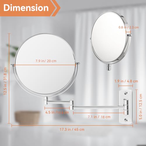 8 inch Wall Mounted Makeup Mirror, 1X/10X Magnifying Double-Sided Wall Mount Shaving Mirror (Close-Up 10X) with Extendable Arm, 360° Swivel for Bathroom Vanity, Chrome (No Light)