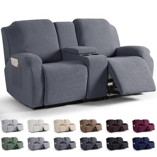 KinCam Loveseat Recliner Covers with Middle Console Slipcover, Recliner Sofa Covers 2 Seat Couch Cover Stripe Jacquard Furniture Protector Covers with Elastic Bottom for Kids, Pets (Dark Gray)
