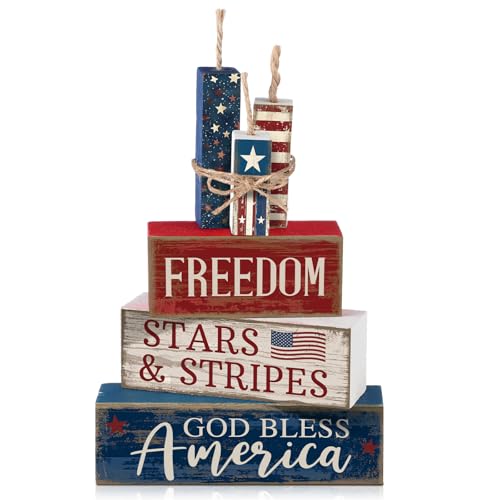 CroBlissful 4 Pcs 4th of July Decorations Patriotic Memorial Day Tabletop Decorations Red White Blue Table Centerpieces Sign for Office Tiered Tray Home Shelf 250th Anniversary(Freedom)