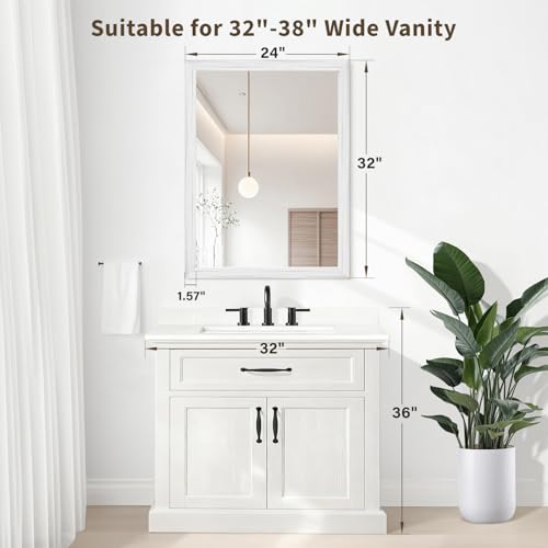 White Wood Effect Framed Wall Mirror, 24x32 Rectangle Mirror, Anti-desilvering Tempered Glass, Sustainable& Sturdy Frame, Farmhouse Mirror, Anti-Rust, 3min Fast Setup for Bathroom Living Room
