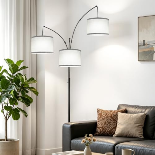 Dimmable Floor Lamp, 3 Lights Black Arc Floor Lamp, Modern Tall Standing Tree Lamp with Grey Linen Shades & Heavy Base, 3000LM LED Bulbs, Bright Lighting for Living Room, Bedroom, Office & Reading