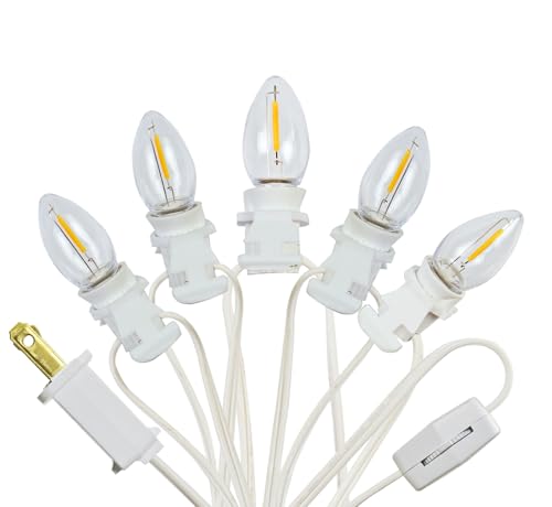5 Base C7 String Bulbs Christmas Village Light Accessory Cord with 5 LED Light Bulb Universal Clip White Cord with On/Off Spare Fuse Switch Plugs for Decorations Christmas Village House