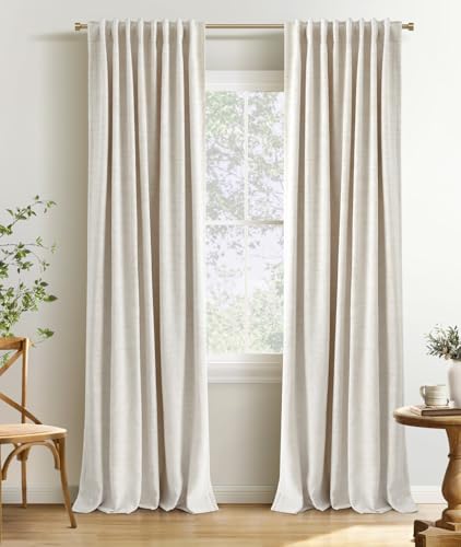 INOVADAY 100% Blackout Curtains 84 Inches Long 2 Panels Set, Back Tab/Rod Pocket Linen Blackout Curtains for Bedroom, Thermal Insulated Window Drapes - Cream, W50 X L84