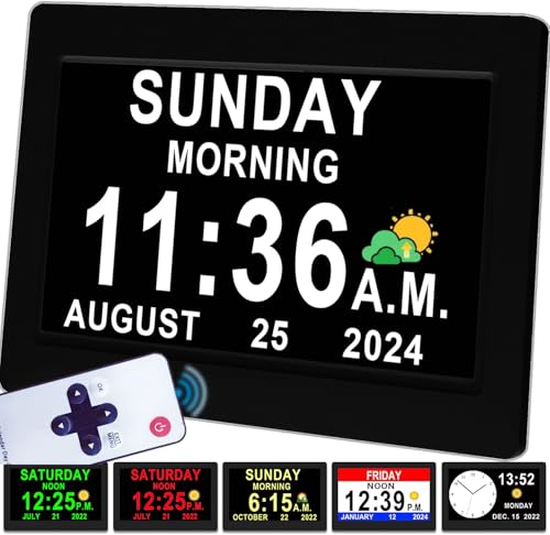 Véfaîî Digital Clock with Day Date 1280 * 800P HD, 19 Alarms Custom Reminders, 10 Levels Auto Dimmer Dementia Clock, 8 Display Colors, Auto DST, Remote & Buttons Control Easy for Elderly