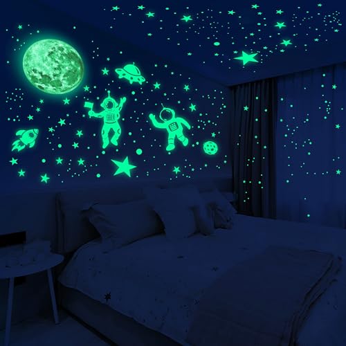 Glow in The Dark Stars for Ceiling Glow in The Dark Moon and Space Wall Decals Luminous Astronaut Universe Planet Galaxy Wall Stickers Outer Space Decal for Kids Boys Girls Bedroom Christmas Gift
